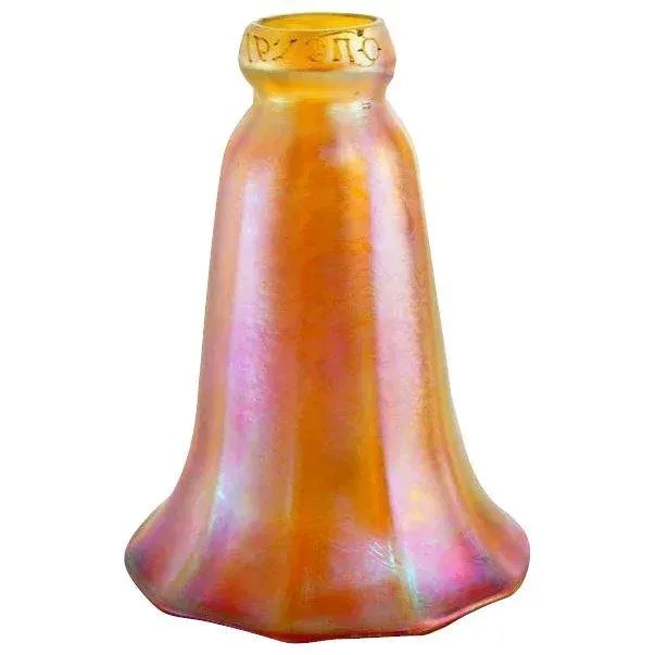 1910s American Quezal Art Nouveau Iridescent Gold Glass Lily Lamp Shade For Sale - Image 5 of 8