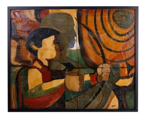 Mid-Century Modernist Oil Painting on Canvas of an Archer