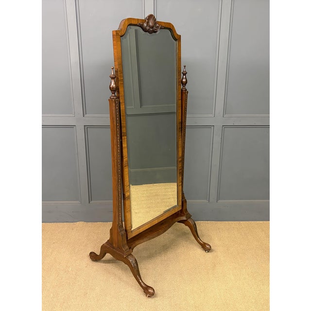 Queen Anne Style Walnut Cheval Mirror, 1920 For Sale - Image 14 of 14