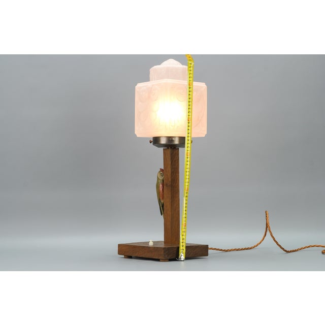 Art Deco Wooden and Frosted Glass Table Lamp with a Woodpecker, 1930s For Sale - Image 15 of 18