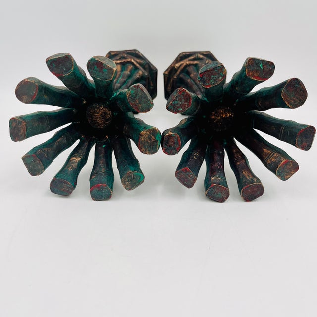 Vintage Faux Bamboo Bronze Metal Pillar Candleholders 12"h - A Pair For Sale - Image 16 of 16