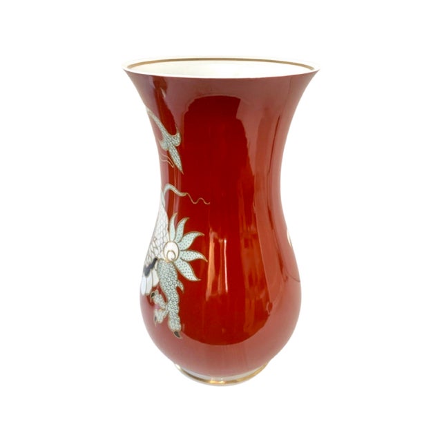 14.5” high huge vintage porcelain vase from German porcelain maker Wallendorf. The hand painted gilt detailed dragon is a...