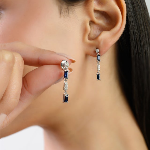Metal 925 Sterling Silver Sapphire & Diamond Baguette Cut Linear Drop Earrings- 2 Pieces For Sale - Image 7 of 9