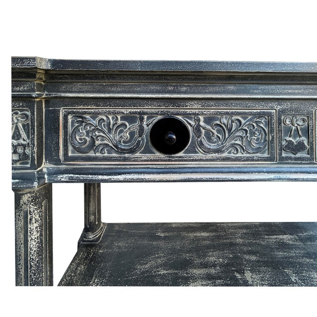 Distressed Black Gray Relief Floral Motif Tall Credenza Console Cabinet For Sale In San Francisco - Image 6 of 9