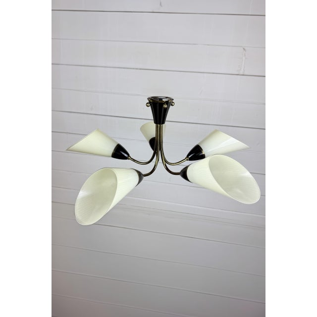 Mid-Century Modern Mid-Century Modern 5-Arm Brass Chandelier with White Glass Cone Shades, 1960s For Sale - Image 3 of 9