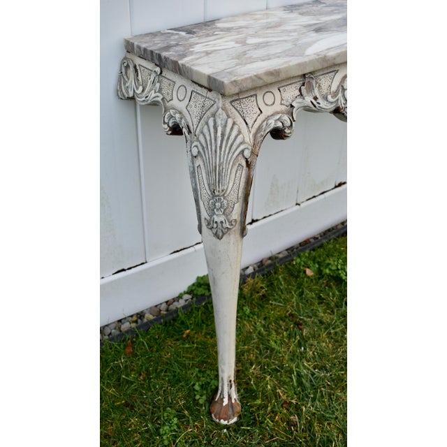 Wood Vintage Venetian Carved Walnut Marble Top Distressed White Wall Console For Sale - Image 7 of 12