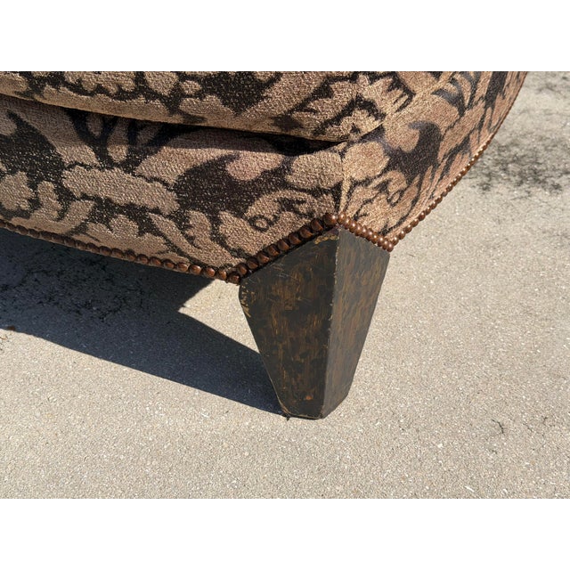 Vintage Square Damask Ottoman With Hand-Painted Faceted Feet & Nailhead Trim For Sale - Image 9 of 11