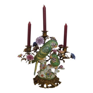1980s Bronze Base Porcelain Parrot Candelabra For Sale