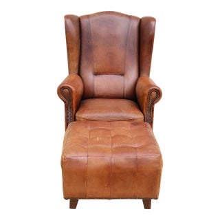 Vintage Wing Back Club Chair With Ottoman in Sheep Leather For Sale