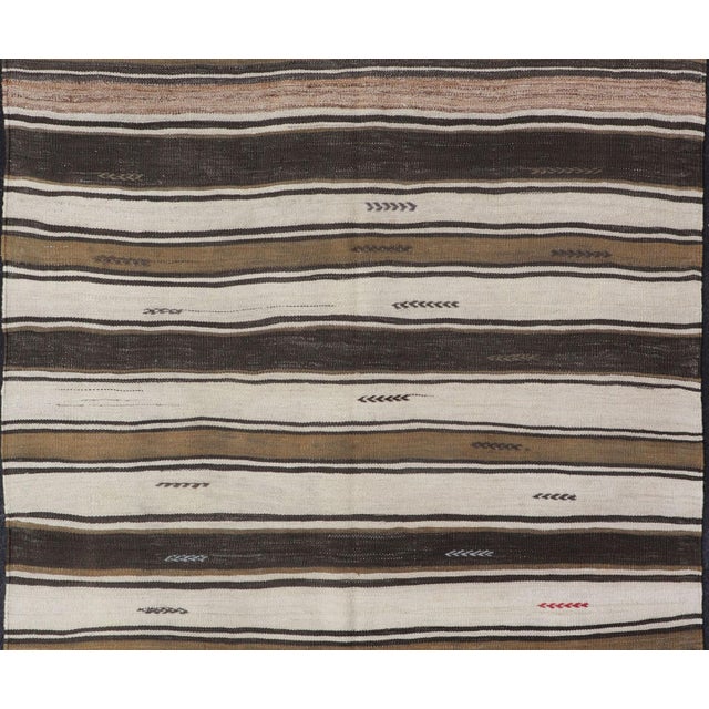 Ivory Vintage Turkish Kilim Rug With Ivory, Brown, Olive and Red Stripes For Sale - Image 8 of 11