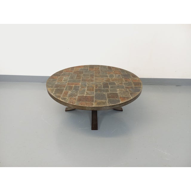 Vintage Brutalist Round Coffee Table in Metal and Slate, 1970s For Sale - Image 9 of 14