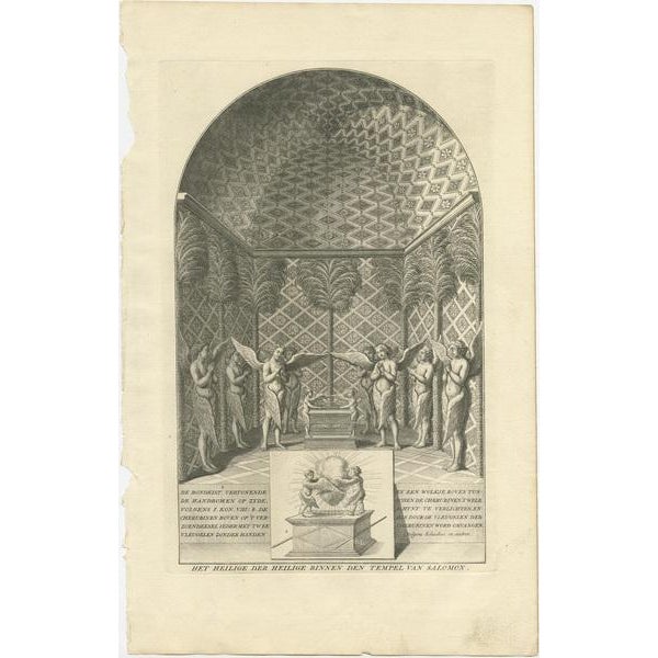 Antique religion print titled 'Het Heilige der Heilige binnen den Tempel van Salomon'. This print depicts Solomon's...