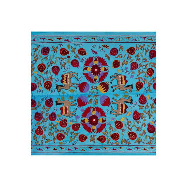 Blue Uzbek Suzani Wall Art – Camel & Floral Motif Embroidery Dimension; 40.5'' x 74" inches / 103 x 188 cm / 3'4'' x 6'2''...
