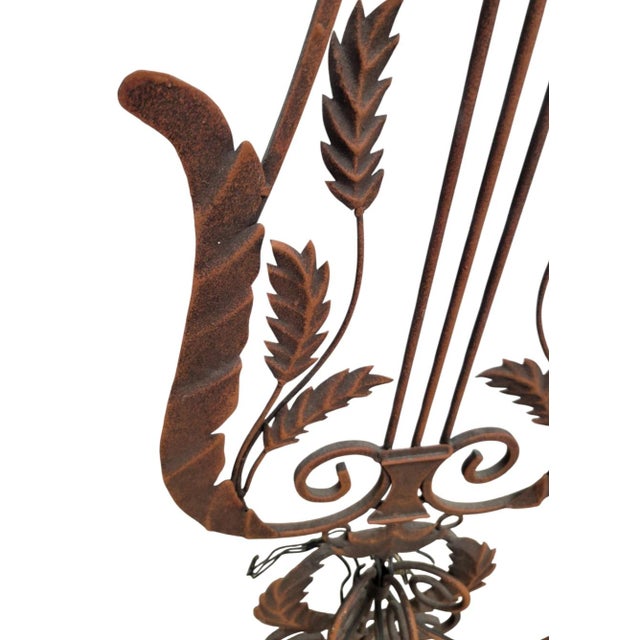 Vintage Huge Iron Rust Brown Lyre Harp 3 Arm Electric Wall Sconce Lamp Fixture For Sale In West Palm - Image 6 of 9