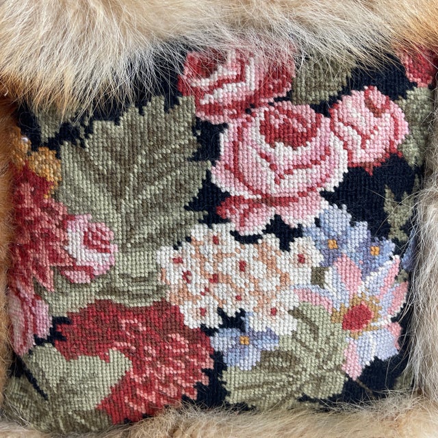 French 1960s Floral Needle Point & Fur Pillow For Sale - Image 3 of 8