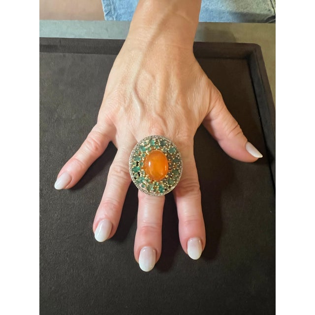 Bochic "Orient" Vintage Orange Opal, Emerald & Diamond Ring Set In 18K & Silver For Sale - Image 13 of 18