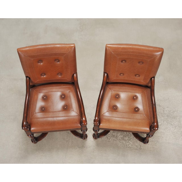 2000 - 2009 Pair of Louis XIII Baroque Style Mahogany Leather Armchairs For Sale - Image 5 of 18