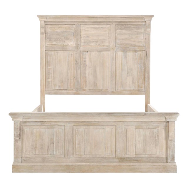 Washed White Wood Panel King Bed Frame For Sale