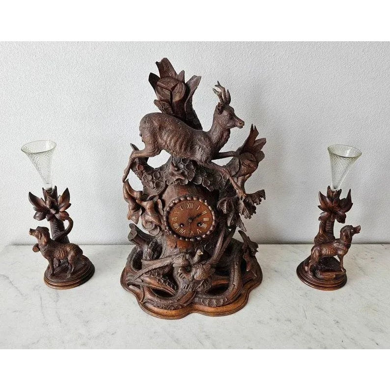 Large Antique Black Forest Carved Mantle Clock Garniture Set - Set