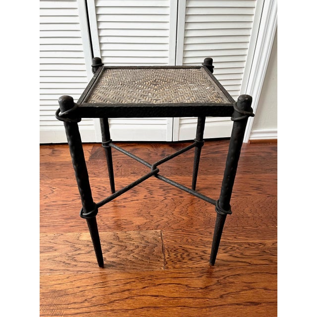 Hammered Cast Iron and Rattan Side Table For Sale - Image 4 of 12