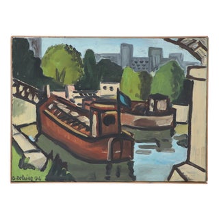 G. Delaire, Barges on the Seine, 1994, Oil Painting on Canvas For Sale