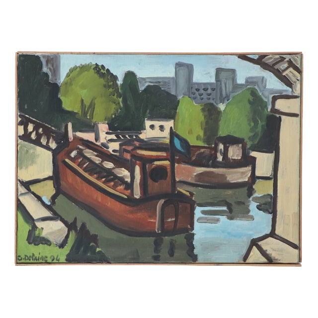 G. Delaire, Barges on the Seine, 1994, Oil Painting on Canvas For Sale