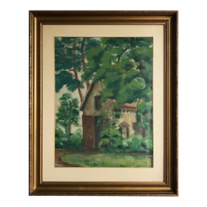 Vintage Impressionist Painting of a House in the Forest, 1960's