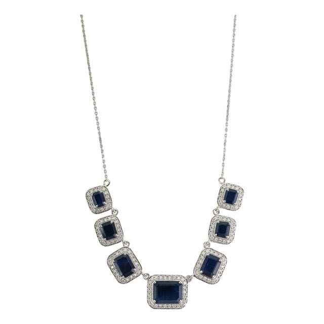 7.3ct Emerald-Cut Blue Sapphire Diamond Halo Station Necklace in 14k White Gold For Sale