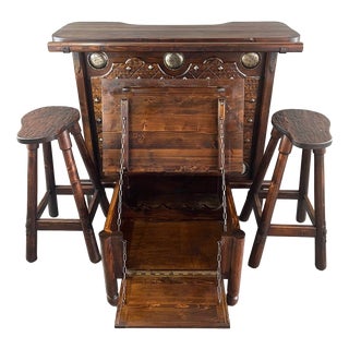 20th Century Rustic Carved Wooden Bar with Stools and Wine Chest, Set of 4 For Sale