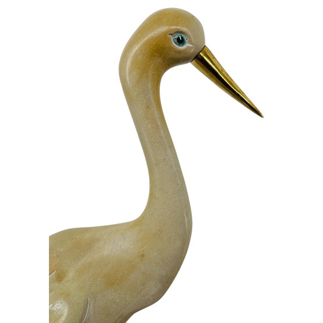 1970s Large Vintage 1970s Carved Wood Brass Crane Heron Egret Statue 28.5" MCM Hollywood Regency Coastal Decor For Sale - Image 5 of 12