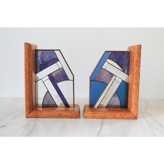 Late 20th Century Pair of Vintage Wood and Stained Glass Bookends For Sale - Image 5 of 10