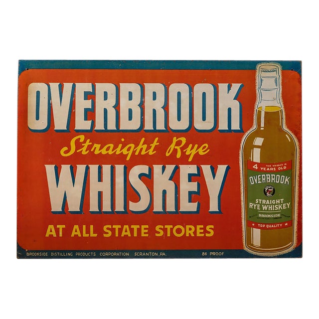1940s Overbrook Straight Rye Whiskey Tin Advertising Sign For Sale