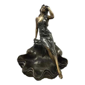 Handcrafted Bronze Clamshell Sculpture With Seductive Woman – Signed A. Moleuu and Rlb..V