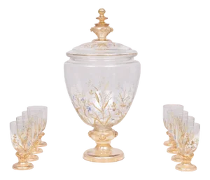 Antique Enameled Glass Serving Set, 1880, Set of 8