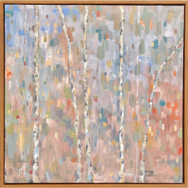 This artwork features a serene composition of slender trees set against a softly blurred background, evoking a sense of...