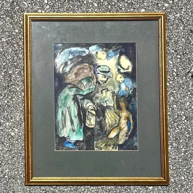 Vintage Boho Figurative Abstract Watercolor Painting on Paper For Sale - Image 4 of 4