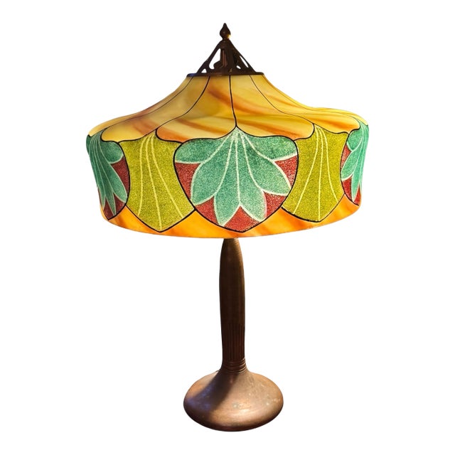 Early 20th Century Handel Co. Table Lamp With Floral Decorated Reverse Painted Glass Shade For Sale