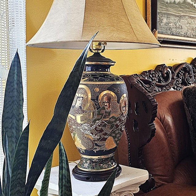 Vintage Japanese Satsuma Moriage Porcelain Table Lamp With Buddhist Immortals For Sale - Image 16 of 18