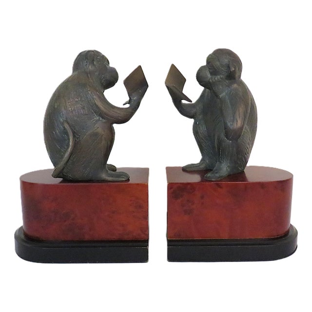 Pair of Patinated Bronze Monkey Bookends For Sale