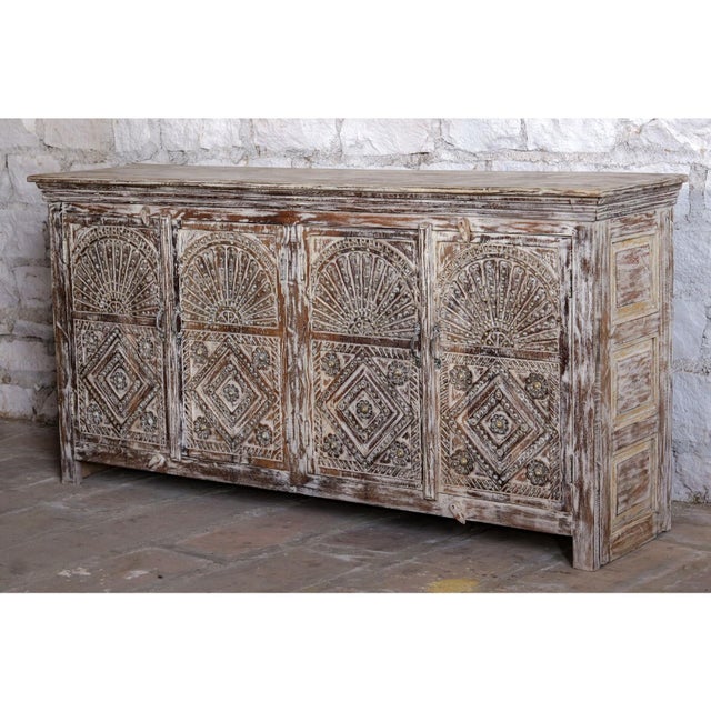 Antique Whitewashed Floral Carved Sideboard With Brass Studs – Vintage Buffet Credenza 72x35 For Sale - Image 4 of 7