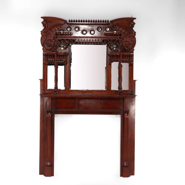 1900 - 1909 Horner School Figural Carved Cherry Stick & Ball Mirrored Fireplace Mantel C1900 For Sale - Image 5 of 18