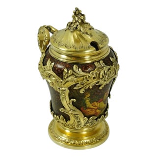 Antique French Sterling Silver Mustard Pot, Enamel on Copper, Gilt Vermeil For Sale