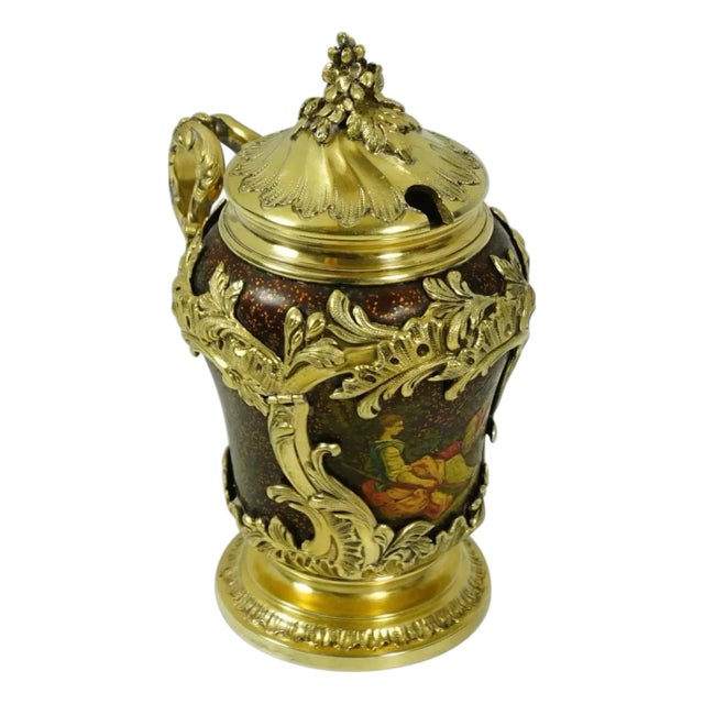 Antique French Sterling Silver Mustard Pot, Enamel on Copper, Gilt Vermeil For Sale