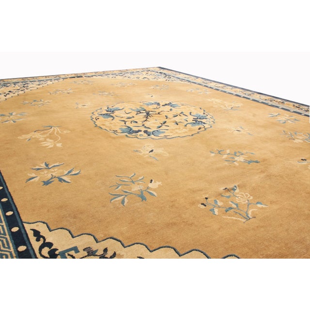 Art Deco Antique Peking Traditional Gold and Blue Wool Rug - 9′ × 12′8″ For Sale - Image 3 of 6
