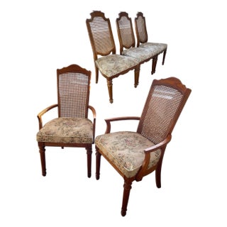 Mid 20th Century French Regency Louis XVI Cane Back, Carved Walnut Upholstered Dining Chairs, Set of 5 For Sale