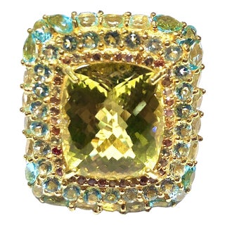 Bochic "Orient" Lemon Quartz, Topaz & Peridot Cocktail Ring Set 18K Gold&Silver For Sale