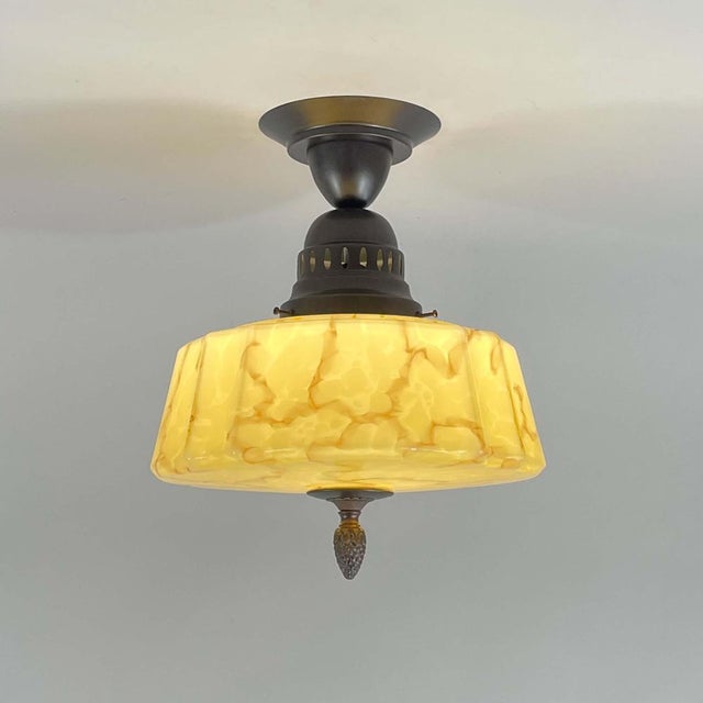 Art Deco Flush Mount in Marbled Opaline Glass & Burnished Metal, Germany, 1920s For Sale - Image 4 of 18