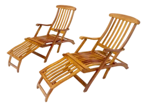 Pair of Solid Teak Outdoor Folding Chaise Lounge Chairs