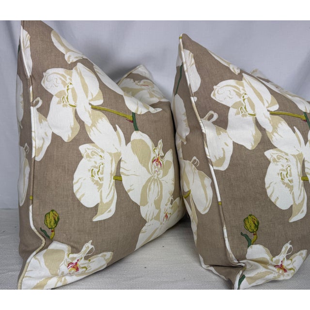 Custom pair of 22" pillows covered in Raoul Textiles "Celeste" in fog hand blocked linen fabric. These pillows are self...