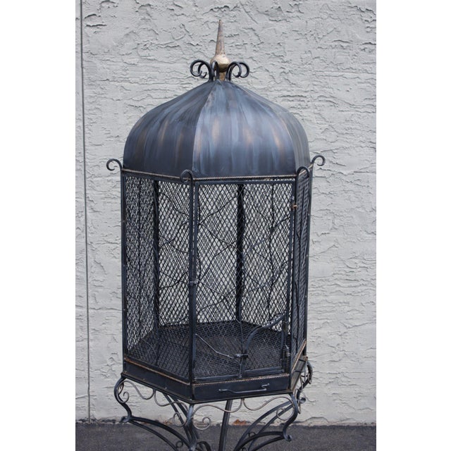 Mediterranean Vintage Wrought Iron Garden Bird Cage On Stand For Sale - Image 3 of 18